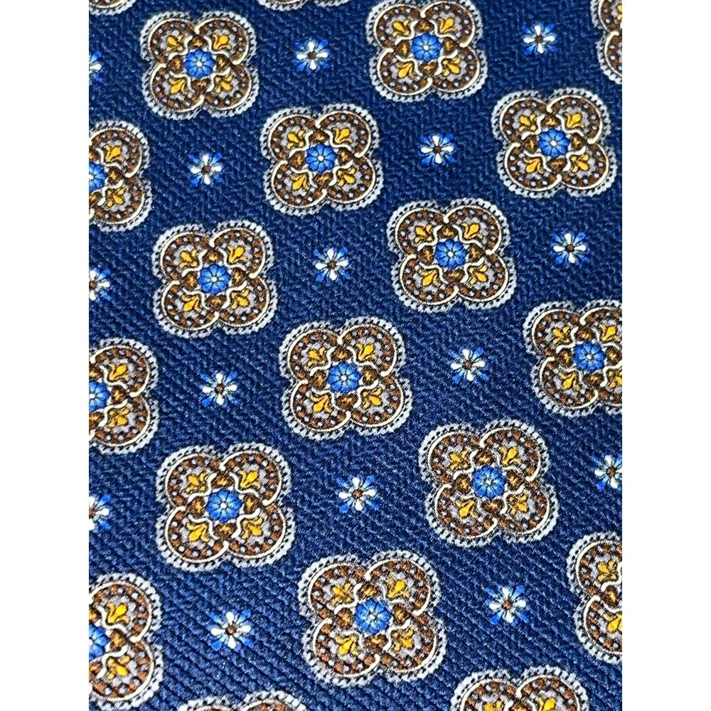 Robert Talbott Necktie Carmel Hand Sewn‎ Blue Geometric Floral Silk Tie
